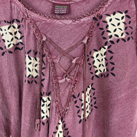 Jackpot Tunic Top Womens OS One Size Fits Most Embroidered Lace Up Sheer Floral - Picture 6 of 14